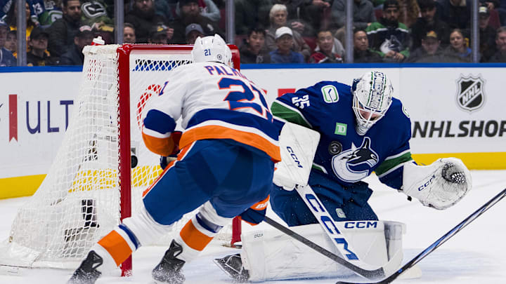 Nov 15, 2023; Vancouver, British Columbia, CAN; Vancouver Canucks goalie Thatcher Demko (35) makes a