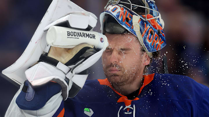 Mar 22, 2026; Elmont, New York, USA; New York Islanders goaltender Ilya Sorokin (30) sprays water on his face during a time out during the first period against the Columbus Blue Jackets at UBS Arena. Mandatory Credit: Brad Penner-Imagn Images