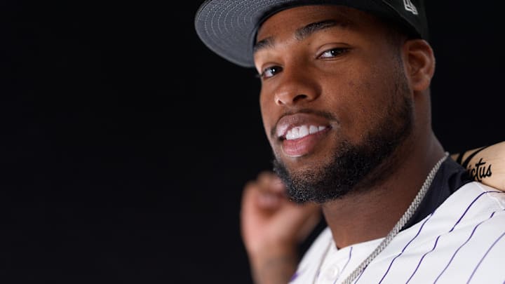 Feb 20, 2025; Scottsdale, AZ, USA;  Colorado Rockies outfielder Yanquiel Fernandez (82) as shot during MLB Media Day at Salt River Fields. Mandatory Credit: Allan Henry-Imagn Images