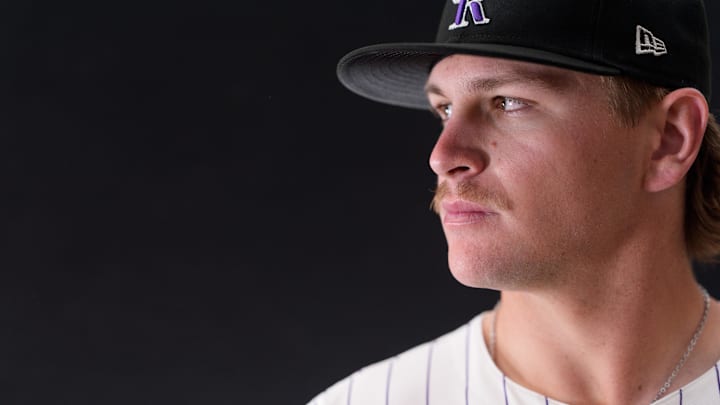 Feb 20, 2025; Scottsdale, AZ, USA;  Colorado Rockies outfielder Cole Carrigg (86) as shot during MLB Media Day at Salt River Fields. Mandatory Credit: Allan Henry-Imagn Images