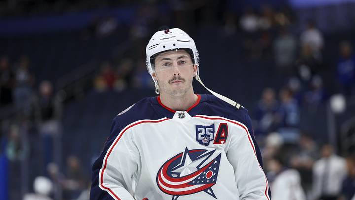 Mar 10, 2026; Tampa, Florida, USA; Columbus Blue Jackets defenseman Zach Werenski (8) warms up before a game against the before a game against the Tampa Bay Lightning at Benchmark International Arena. Mandatory Credit: Nathan Ray Seebeck-Imagn Images