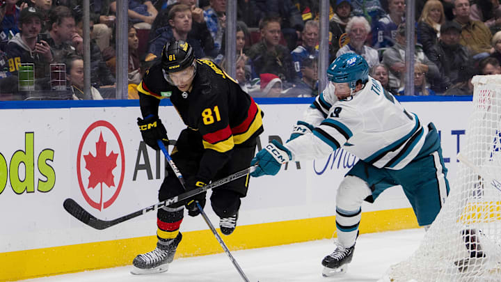 Dec 23, 2023; Vancouver, British Columbia, CAN; San Jose Sharks defenseman Henry Thrun (3) stick