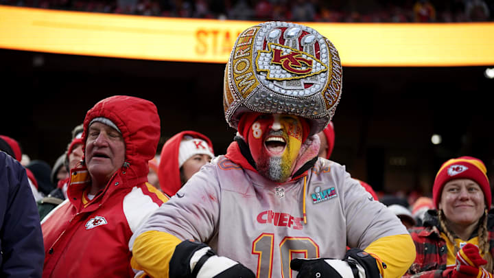 Jan 18, 2025; Kansas City, Missouri, USA; Kansas City Chiefs fans react during the first half of a 2025 AFC divisional round game against the Houston Texans at GEHA Field at Arrowhead Stadium. Mandatory Credit: Denny Medley-Imagn Images