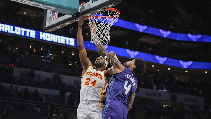Feb 14, 2024; Charlotte, North Carolina, USA; Charlotte Hornets center Nick Richards (4) blocks a