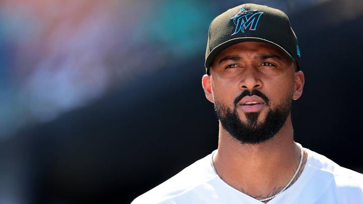 Apr 18, 2026; Miami, Florida, USA; Miami Marlins starting pitcher Sandy Alcantara (22) looks on before the game against the Milwaukee Brewers at loanDepot Park. Mandatory Credit: Sam Navarro-Imagn Images