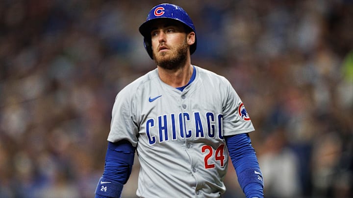 Jun 13, 2024; St. Petersburg, Florida, USA;  Chicago Cubs first baseman Cody Bellinger (24) reacts after striking out against the Tampa Bay Rays in the sixth inning at Tropicana Field. Mandatory Credit: Nathan Ray Seebeck-USA TODAY Sports