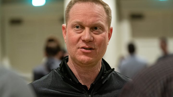 Milwaukee Brewers General Manager Matt Arnold fields questions during the Major League Baseball Winter Meetings in 2023.