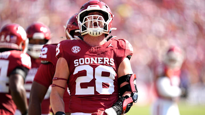 Oklahoma Sooners linebacker Danny Stutsman (28) celebrates a play in the first half of the Red River Rivalry college football game between the University of Oklahoma Sooners and the Texas Longhorn at the Cotton Bowl Stadium in Dallas, Texas, Saturday, Oct., 12, 2024.