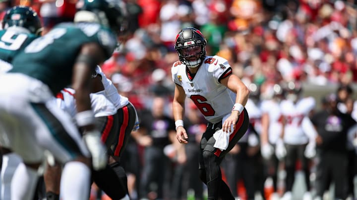 Sep 29, 2024; Tampa, Florida, USA; Tampa Bay Buccaneers quarterback Baker Mayfield (6) calls a play at the line against the Philadelphia Eagles in the second quarter at Raymond James Stadium. Mandatory Credit: Nathan Ray Seebeck-Imagn Images