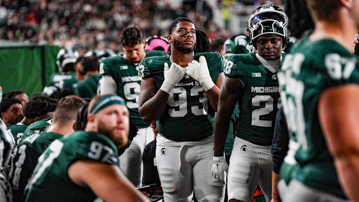 Michigan State Spartans defensive lineman Jalen Satchell (93) looks up at the clock towards the end of the third quarter the NCAA football game against Ohio State University at Spartan Stadium in East Lansing, Saturday, Sept. 28, 2024. Ohio State won 38-7.