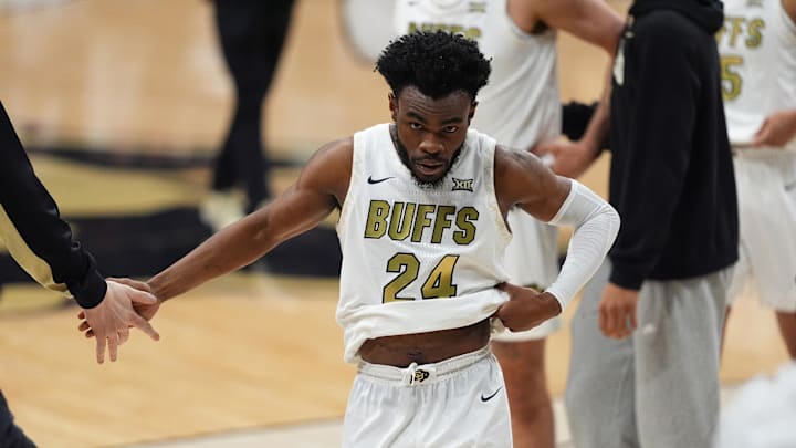 Jan 10, 2026; Boulder, Colorado, USA; Colorado Buffaloes guard Barrington Hargress (24) following the loss to the Texas Tech Red Raiders at CU Events Center. Mandatory Credit: Ron Chenoy-Imagn Images