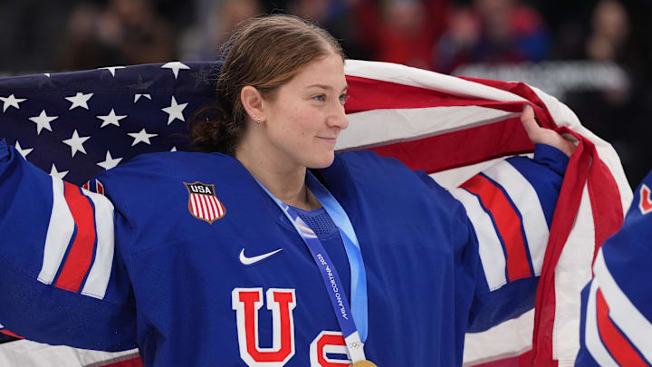 Feb 19, 2026; Milan, Italy; Aerin Frankel (31) of the United States celebrates after winning the gold medal in women's ice hockey after defeating Canada during the Milano Cortina 2026 Olympic Winter Games at Milano Santagiulia Ice Hockey Arena. Mandatory Credit: Amber Searls-Imagn Images