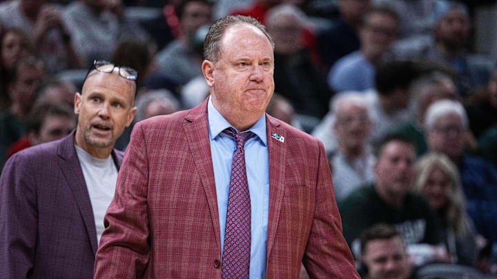 Mar 14, 2025; Indianapolis, IN, USA; Wisconsin Badgers head coach Greg Gard  in the first half against the UCLA Bruins at Gainbridge Fieldhouse. Mandatory Credit: Trevor Ruszkowski-Imagn Images
