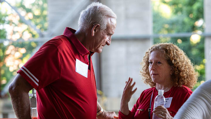 Ted Kellner, left, speaks with UW-Madison Chancellor Jennifer Mnookin during a program recognizing donors for the Kellner Center Athletic Center Thursday, August 28, 2025 at UW-Madison in Madison, Wisconsin. The estimated cost of the project is $285 million. Ted and Mary Kellner are major donors.