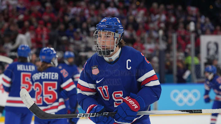 Feb 19, 2026; Milan, Italy; Hilary Knight (21) of the United States on the ice in the women's ice hockey gold medal game against Canada during the Milano Cortina 2026 Olympic Winter Games at Milano Santagiulia Ice Hockey Arena. Mandatory Credit: Amber Searls-Imagn Images