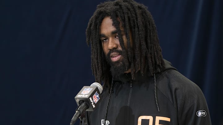 Feb 28, 2025; Indianapolis, IN, USA; Michigan running back Donovan Edwards (RB05) talks to the press during the 2025 NFL Combine at Indiana Convention Center. Mandatory Credit: Stephanie Amador Blondet-Imagn Images