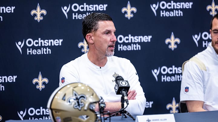 Mar 11, 2023; Metairie, LA, USA;  New Orleans Saints head coach Dennis Allen speaks at Ochsner