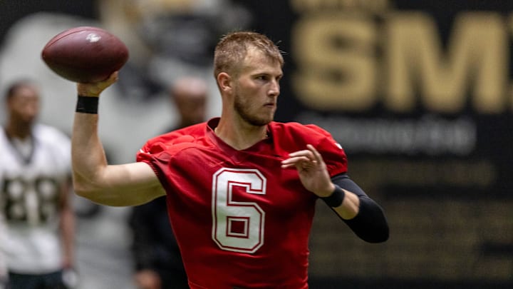 May 10, 2025; New Orleans, LA, USA;  New Orleans Saints quarterback Tyler Shough (6) during rookie minicamp at Ochsner Sports Performance Center. Mandatory Credit: Stephen Lew-Imagn Images
