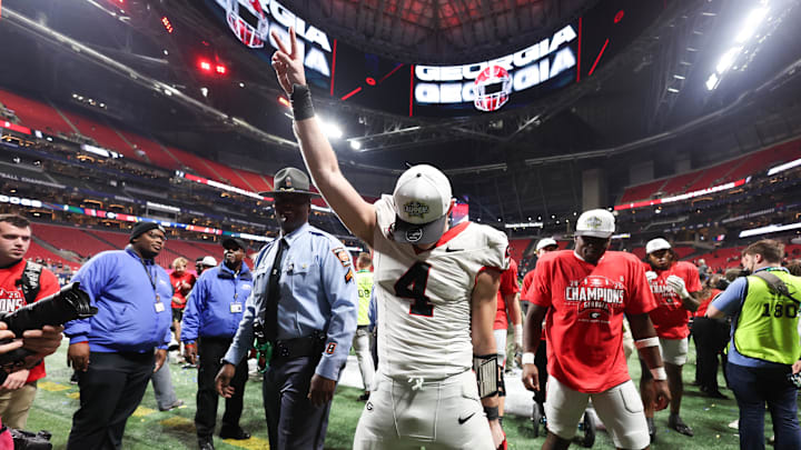 Dec 6, 2025; Atlanta, GA, USA; Georgia Bulldogs tight end Oscar Delp (4) celebrates after the game against the Alabama Crimson Tide during the 2025 SEC Championship game at Mercedes-Benz Stadium. Mandatory Credit: Brett Davis-Imagn Images
