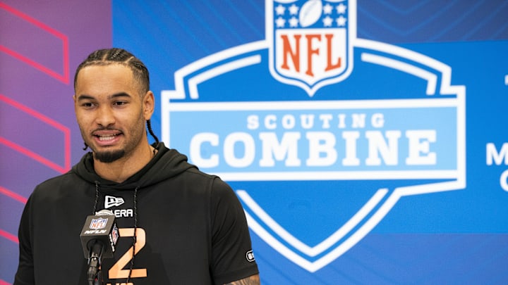 Feb 28, 2025; Indianapolis, IN, USA; Ohio State wideout Emeka Egbuka (WO12) speaks during a press conference during the 2025 NFL Combine at Indiana Convention Center. Mandatory Credit: Stephanie Amador Blondet-Imagn Images