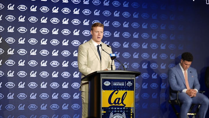 Jul 22, 2025; Charlotte, NC, USA; California quarterback Devin Brown answers questions from the media during ACC Media Days at Hilton Charlotte Uptown. Mandatory Credit: Jim Dedmon-Imagn Images