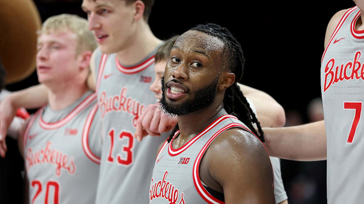 Feb 17, 2026; Columbus, Ohio, USA; Ohio State Buckeyes guard Bruce Thornton (2) celebrates after the game against the Wisconsin Badgers at Value City Arena. Mandatory Credit: Joseph Maiorana-Imagn Images Feb 17, 2026; Columbus, Ohio, USA; Ohio State Buckeyes guard Bruce Thornton (2) celebrates after the game against the Wisconsin Badgers at Value City Arena. Mandatory Credit: Joseph Maiorana-Imagn Images