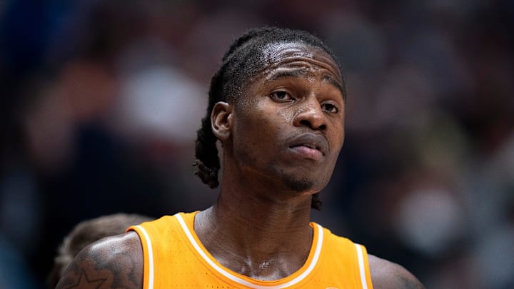 Tennessee center Felix Okpara (34) fouls out against Vanderbilt during their quarterfinal game of the 2026 SEC Men’s Basketball Tournament at Bridgestone Arena in Nashville, Tenn., Friday, March 13, 2026.