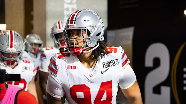 Jan 20, 2025; Atlanta, GA, USA; Ohio State Buckeyes defensive lineman Jason Moore (94) against the Notre Dame Fighting Irish during the CFP National Championship college football game at Mercedes-Benz Stadium. Mandatory Credit: Mark J. Rebilas-Imagn Images