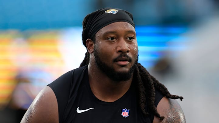 Jacksonville Jaguars defensive tackle Davon Hamilton (52) warms up before an NFL football matchup at EverBank Stadium, Sunday, Jan. 4, 2026, in Jacksonville, Fla. [Corey Perrine/Florida Times-Union]