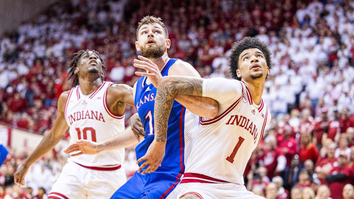 Dec 16, 2023; Bloomington, Indiana, USA; Indiana Hoosiers center Kel'el Ware (1) boxes out Kansas