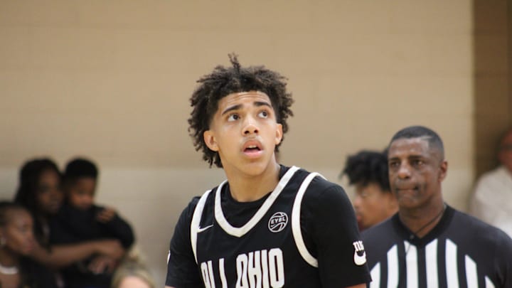 Taylen Kinney (0) stands on the court during an AAU basketball game July 4, 2023, at the Nike EYBL Peach Jam in North Augusta, S.C. A Newport native, Kinney is a Class of 2026 recruit and holds a scholarship offer to play at Louisville.