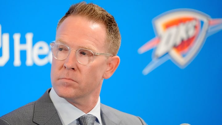 Thunder general manager Sam Presti speaks in Oklahoma City.
