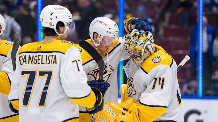 Apr 23, 2024; Vancouver, British Columbia, CAN;  Nashville Predators forward Luke Evangelista (77)
