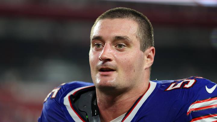 Aug 23, 2025; Tampa, Florida, USA; Buffalo Bills defensive end Michael Hoecht (55) looks on after a game against the Tampa Bay Buccaneers at Raymond James Stadium. Mandatory Credit: Nathan Ray Seebeck-Imagn Images