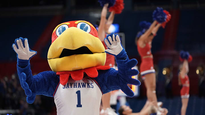 Kansas Jayhawk mascot Big Jay ‘waves the wheat’ after a 74-64 win over UMKC inside Allen Fieldhouse on Nov. 5, 2025.