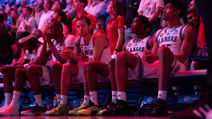 Kansas Jayhawks starting lineup awaits tipoff against Arizona Wildcats for the game inside Allen Fieldhouse on Feb. 9, 2026.