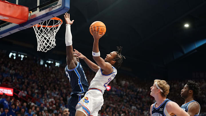 Kansas Jayhawks guard Darryn Peterson (22) shoots a layup against BYU Cougars during the game inside Allen Fieldhouse on Jan. 31, 2026.