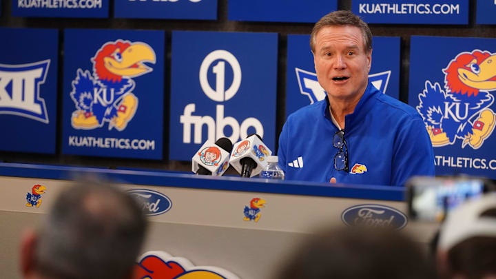 Kansas Jayhawks head coach Bill Self talks to media following the game against Houston Cougars inside Allen Fieldhouse on Monday, Feb. 23, 2026. Kansas Jayhawks head coach Bill Self talks to media following the game against Houston Cougars inside Allen Fieldhouse on Monday, Feb. 23, 2026.