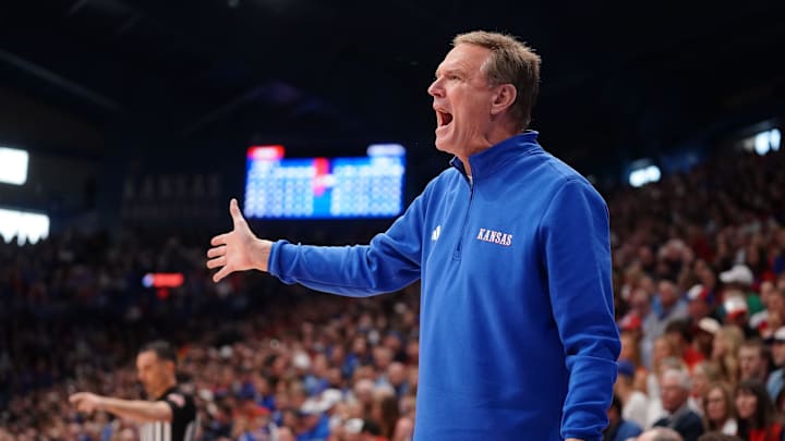 Kansas Jayhawks head coach Bill Self yells out during the Sunflower Showdown game inside Allen Fieldhouse in Lawrence, Kansas, on Saturday, March 7, 2026.