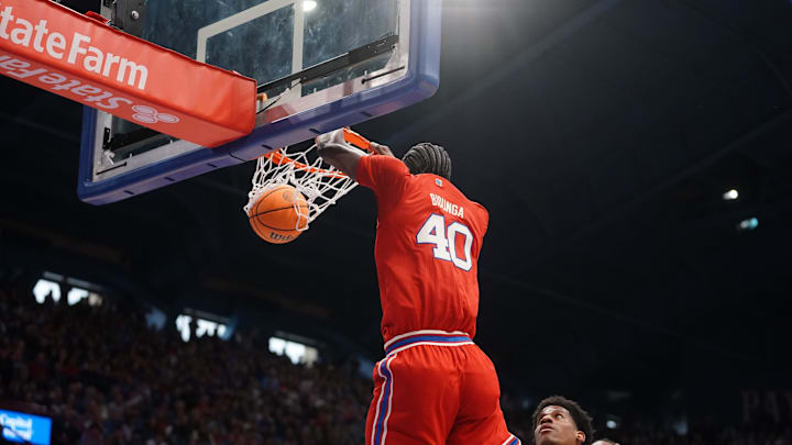 Kansas Jayhawks forward Flory Bidunga (40) dunks the ball against Kansas State Wildcats during the Sunflower Showdown game inside Allen Fieldhouse in Lawrence, Kansas, on Saturday, March 7, 2026. Kansas Jayhawks forward Flory Bidunga (40) dunks the ball against Kansas State Wildcats during the Sunflower Showdown game inside Allen Fieldhouse in Lawrence, Kansas, on Saturday, March 7, 2026.