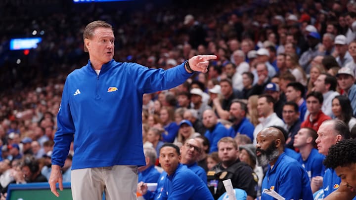 Kansas Jayhawks head coach Bill Self points to players during the game against Houston Cougars inside Allen Fieldhouse on Monday, Feb. 23, 2026.