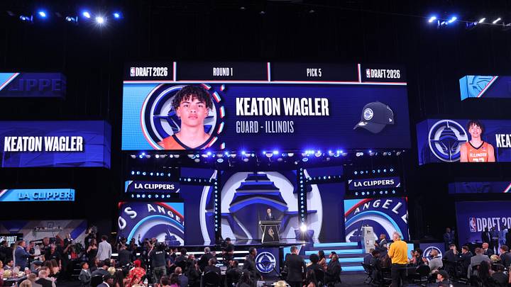 NBA commissioner Adam Silver announces the fifth pick in the 2026 NBA draft, Illinois guard Keaton Wagler after he was selected by the Los Angeles Clippers at Barclays Center. 