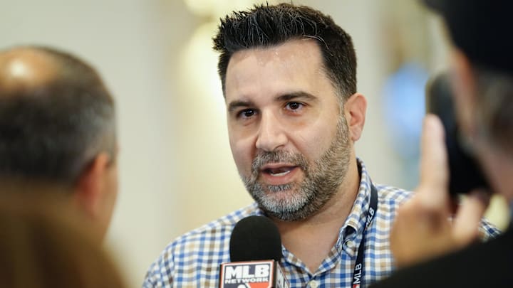 Nov 9, 2022; Las Vegas, NV, USA; Atlanta Braves general manager Alex Anthopoulos answers questions from the media during the MLB GM Meetings at The Conrad Las Vegas. Mandatory Credit: Lucas Peltier-Imagn Images