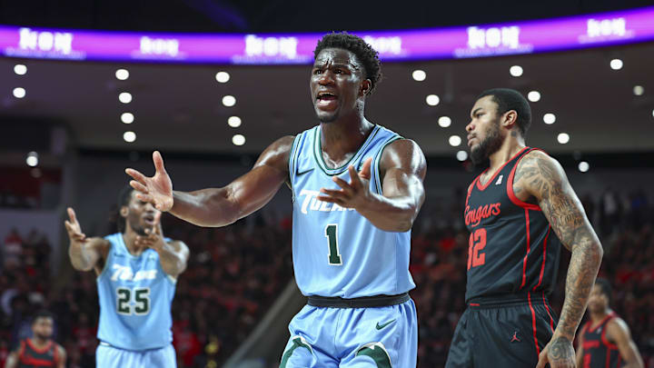 Feb 22, 2023; Houston, Texas, USA; Duke basketball guard Sion James (1) reacts after a play during