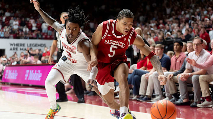 Alabama guard Latrell Wrightsell Jr. (3) and Arkansas guard Darius Acuff Jr. (5) Alabama guard Latrell Wrightsell Jr. (3) and Arkansas guard Darius Acuff Jr. (5)