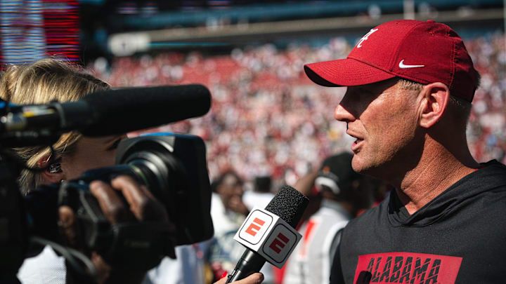 Oct 12, 2024; Tuscaloosa, Alabama, USA; Alabama Crimson Tide head coach Kalen DeBoer does a post-game interview with ESPN after his team’s victory over the South Carolina Gamecocks at Bryant-Denny Stadium. Mandatory Credit: Will McLelland-Imagn Images