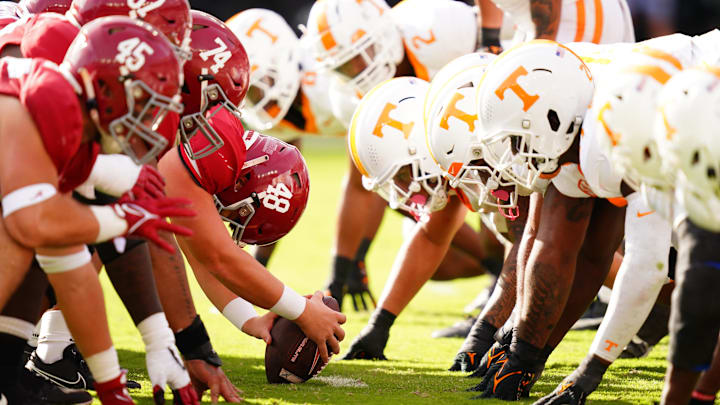 Oct 21, 2023; Tuscaloosa, Alabama, USA; Alabama Crimson Tide verses the Tennessee Volunteers during the first half at Bryant-Denny Stadium. Mandatory Credit: John David Mercer-Imagn Images