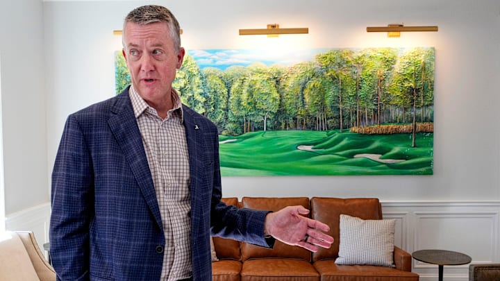 Athletics Director Greg Byrne talks about the new Crimson Reserve golf training facility at the University of Alabama Friday, Oct. 11, 2024.