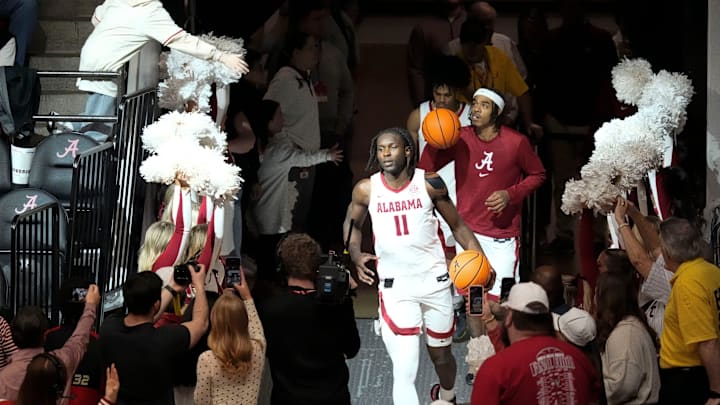 Feb 1, 2025; Tuscaloosa, AL, USA; Alabama center Clifford Omoruyi (11) comes out of the locker room for the Georgia game at Coleman Coliseum. Mandatory Credit: Gary Cosby Jr.-Tuscaloosa News