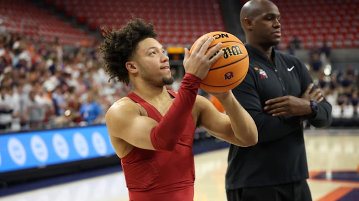 Mar 8, 2025; Auburn, Alabama, USA; Alabama Crimson Tide guard Mark Sears (1) warms up before the game against the Auburn Tigers at Neville Arena. Mandatory Credit: John Reed-Imagn Images